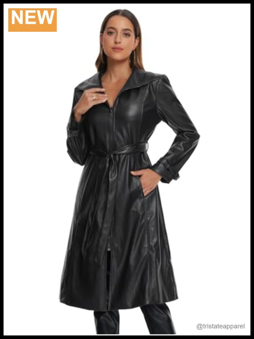 Faux Leather Long Jacket Women Lapel Zip Casual Trench Winter Coat